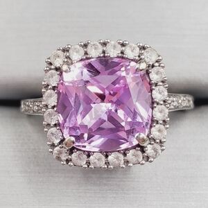 10k Solid White Gold Cushion Cut Pink Topaz, Diamond & White Topaz Halo Ring